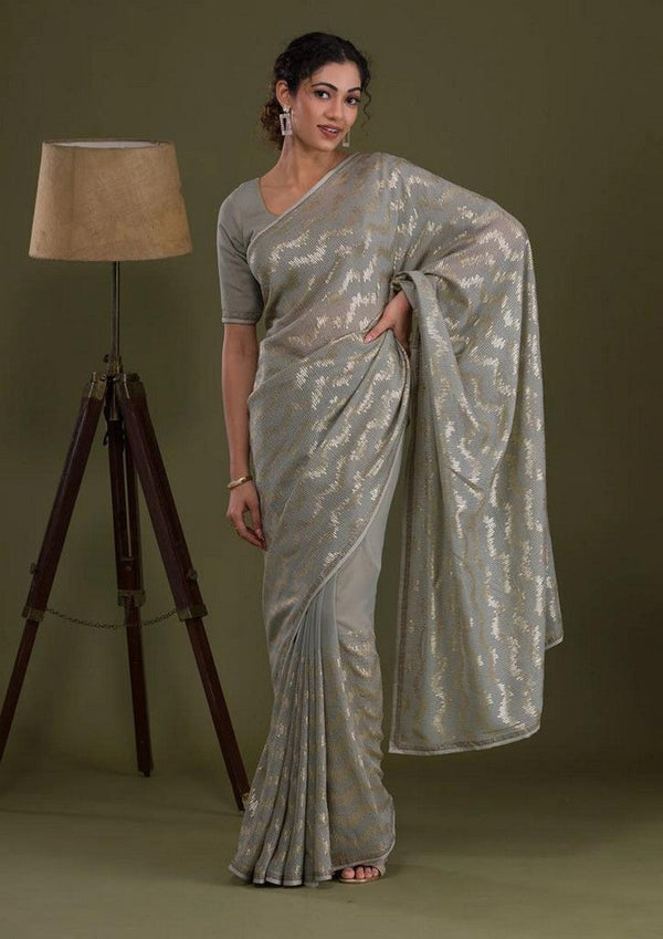 Amazing Grey Color Georgette Fabric Partywear Saree