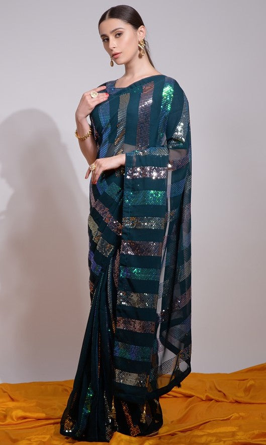 Ideal Teal Color Georgette Fabric Partywear Saree