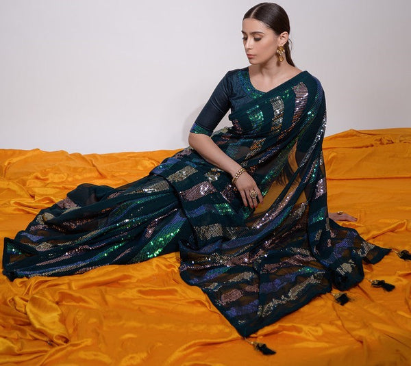 Ideal Teal Color Georgette Fabric Partywear Saree