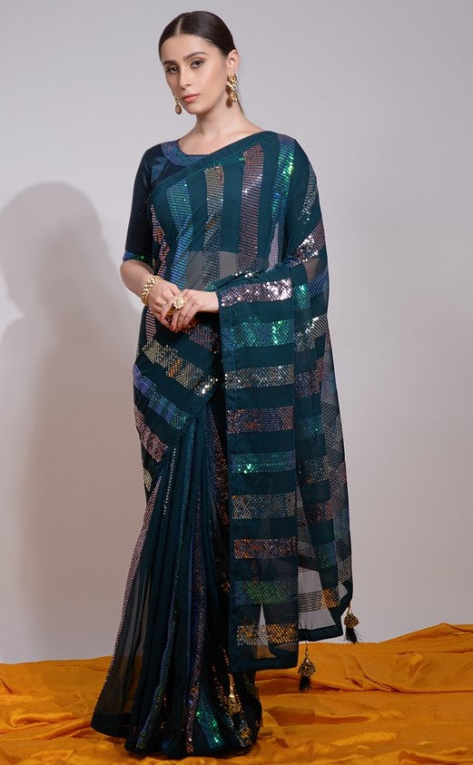 Ideal Teal Color Georgette Fabric Partywear Saree