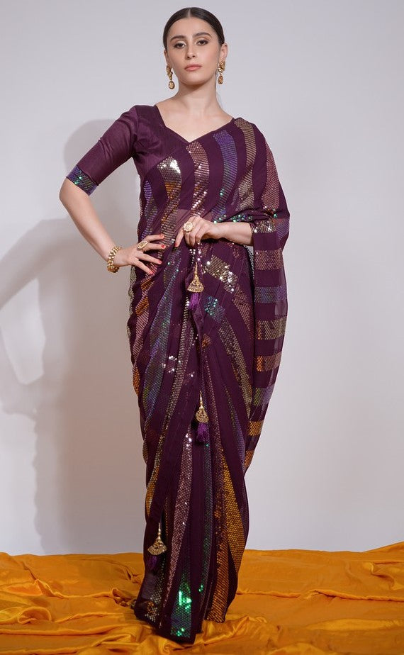 Ideal Wine Color Georgette Fabric Partywear Saree