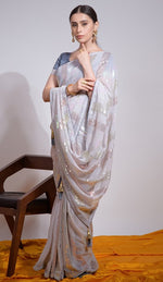 Ideal Grey Color Georgette Fabric Partywear Saree