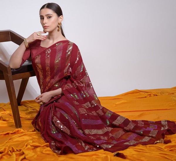 Ideal Maroon Color Georgette Fabric Partywear Saree