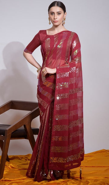 Ideal Maroon Color Georgette Fabric Partywear Saree