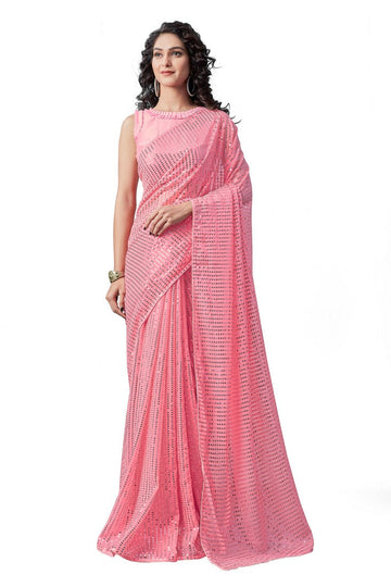 Ideal Pink Color Georgette Fabric Partywear Saree