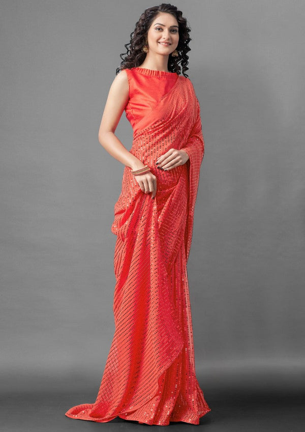 Ideal Red Color Georgette Fabric Partywear Saree