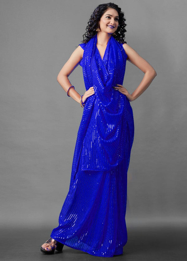 Ideal Blue Color Georgette Fabric Partywear Saree