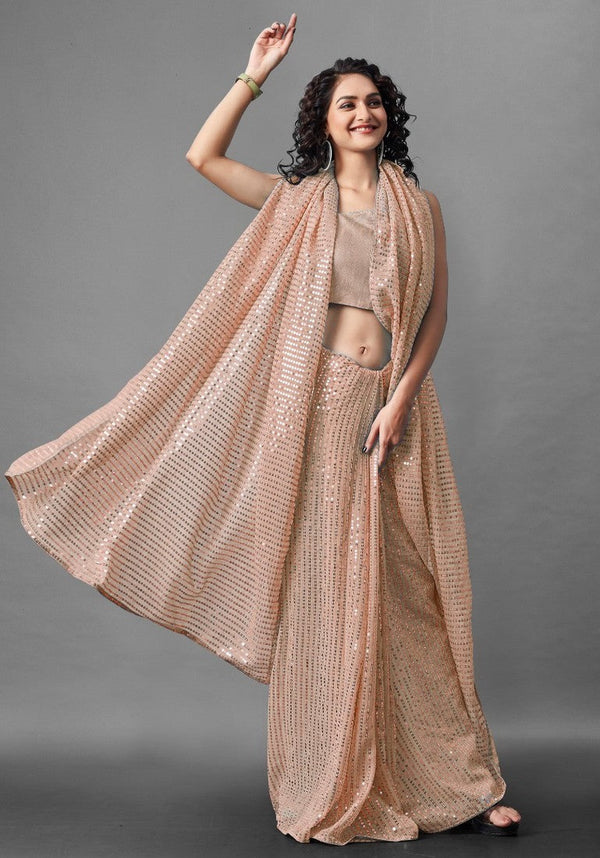 Ideal Peach Color Georgette Fabric Partywear Saree