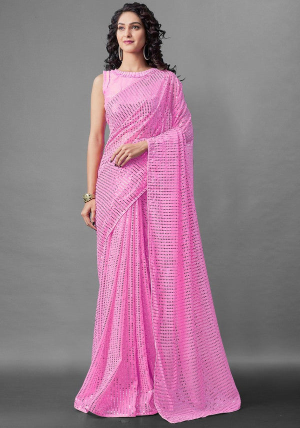 Ideal Pink Color Georgette Fabric Partywear Saree