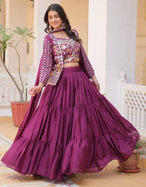 Magnetic Wine Color Chinon Fabric Designer Lehenga Koti