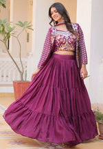 Magnetic Wine Color Chinon Fabric Designer Lehenga Koti