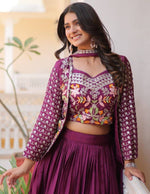 Magnetic Wine Color Chinon Fabric Designer Lehenga Koti