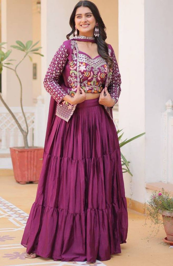 Magnetic Wine Color Chinon Fabric Designer Lehenga Koti