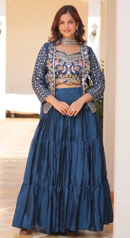 Magnetic Teal Color Chinon Fabric Designer Lehenga Koti