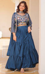 Magnetic Teal Color Chinon Fabric Designer Lehenga Koti