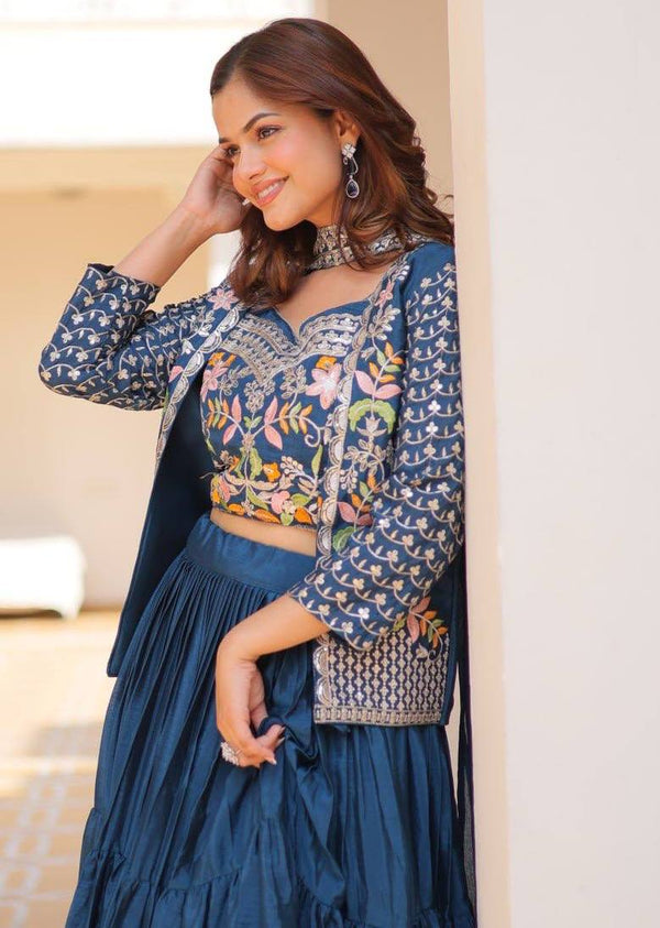 Magnetic Teal Color Chinon Fabric Designer Lehenga Koti