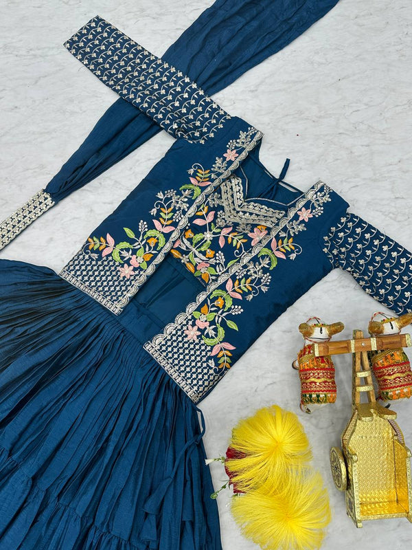 Magnetic Teal Color Chinon Fabric Designer Lehenga Koti