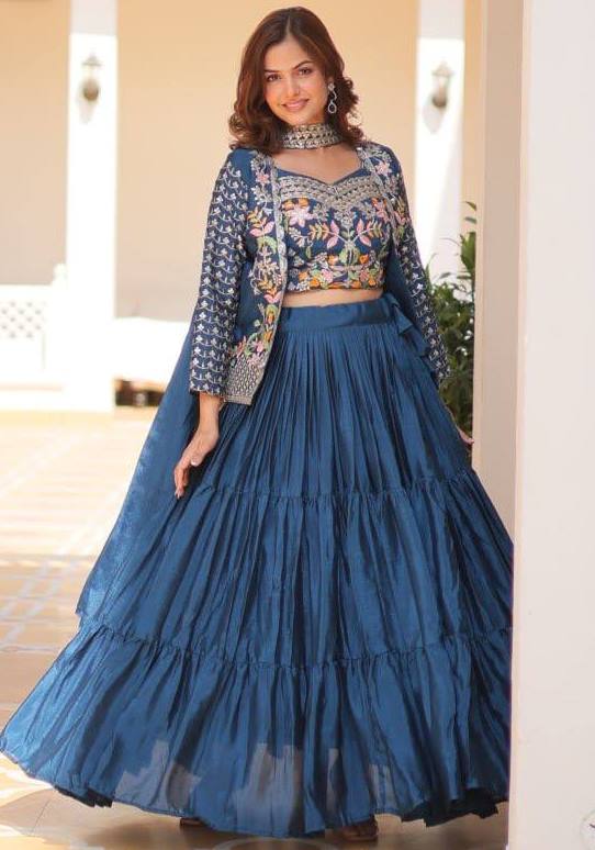 Magnetic Teal Color Chinon Fabric Designer Lehenga Koti