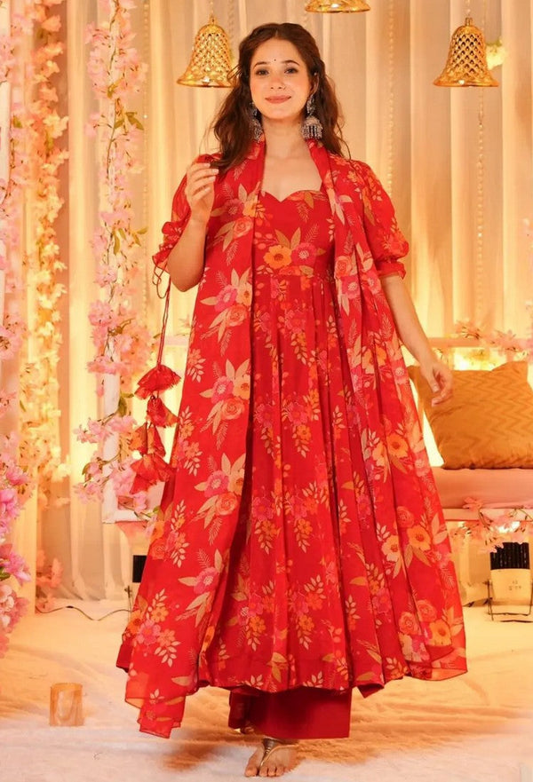 Amazing Red Color Silk  Fabric Designer Suit