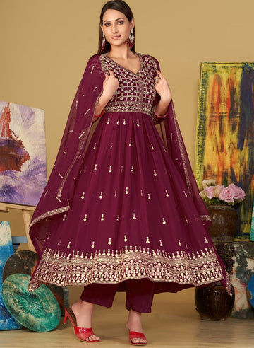 Amazing Maroon Color Georgette Fabric Designer Suit