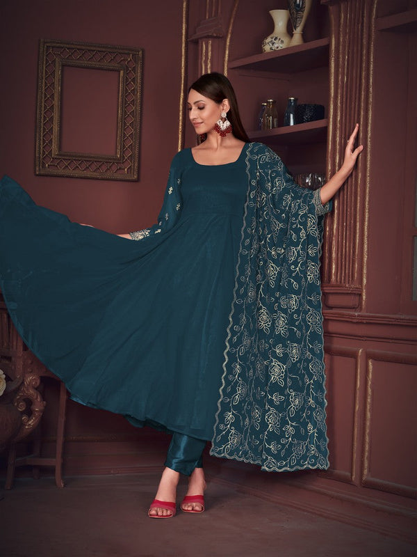 Dazzling Teal Color Georgette Fabric Designer Suit