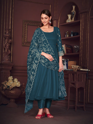 Dazzling Teal Color Georgette Fabric Designer Suit