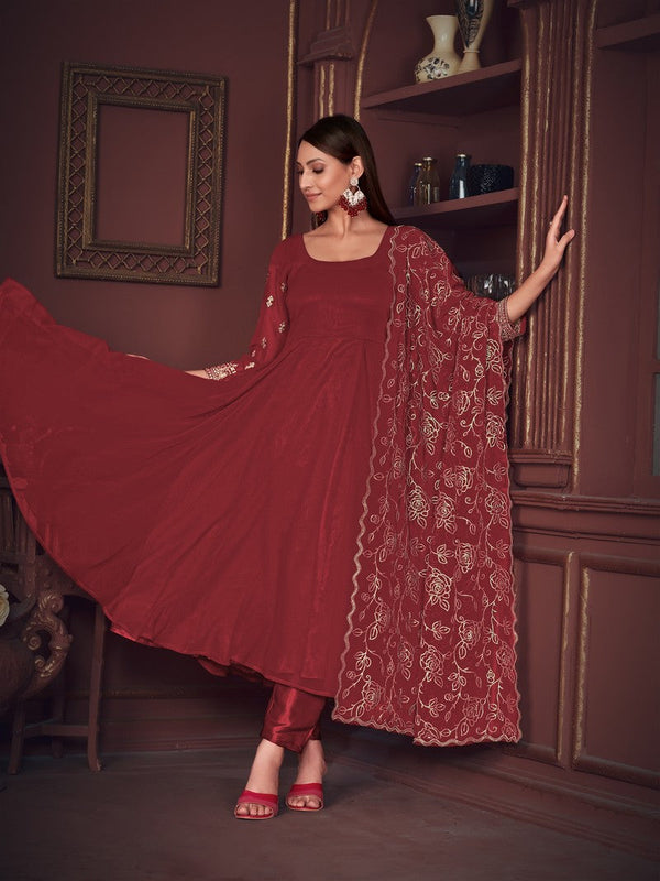 Dazzling Maroon Color Georgette Fabric Designer Suit