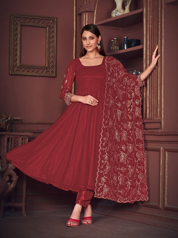 Dazzling Maroon Color Georgette Fabric Designer Suit