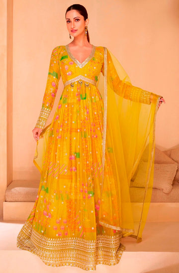 Amazing Yellow Color Georgette Fabric Partywear Suit