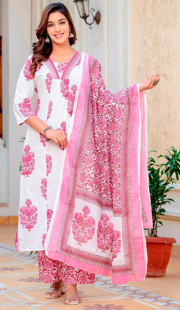 Beautiful White Color Cotton  Fabric Designer Suit