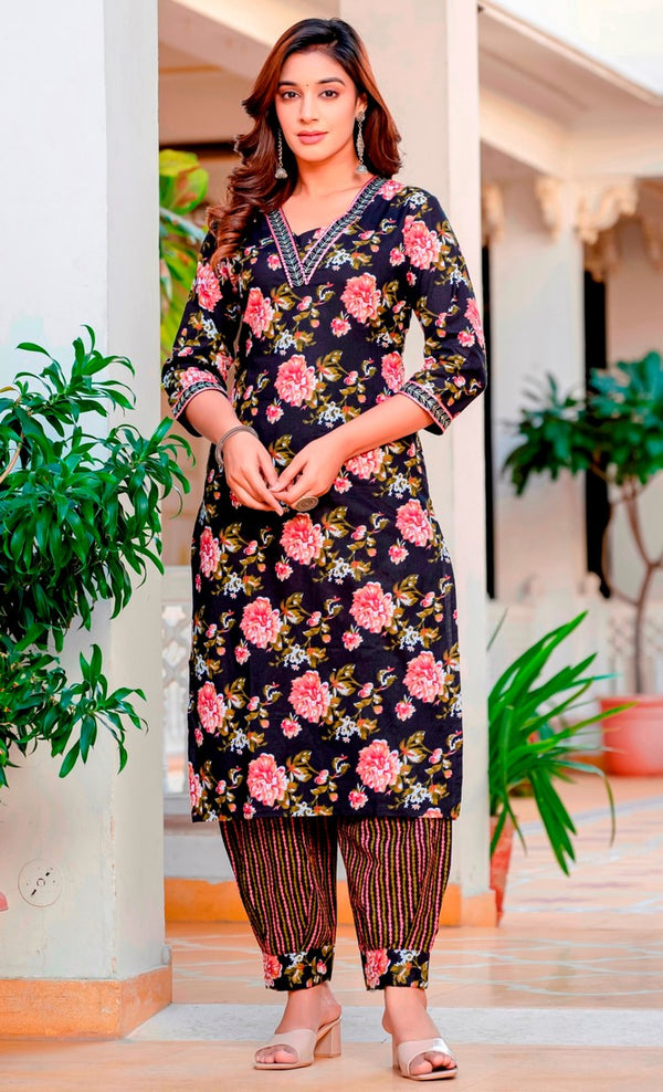 Beautiful Black Color Cotton  Fabric Designer Suit