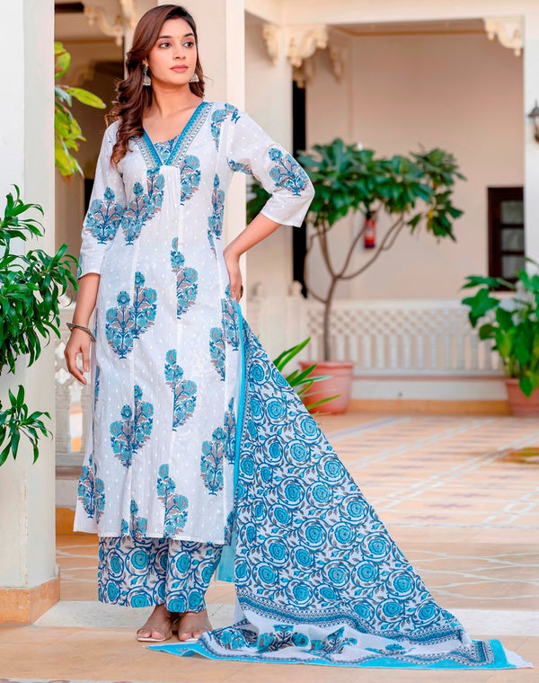 Beautiful Blue Color Cotton  Fabric Designer Suit