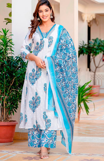 Beautiful Blue Color Cotton  Fabric Designer Suit