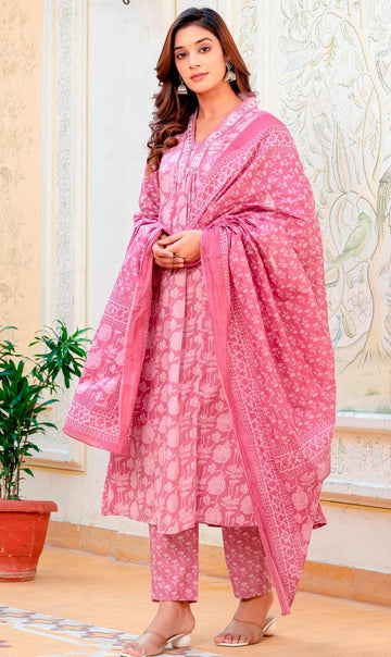 Beautiful Pink Color Cotton  Fabric Designer Suit