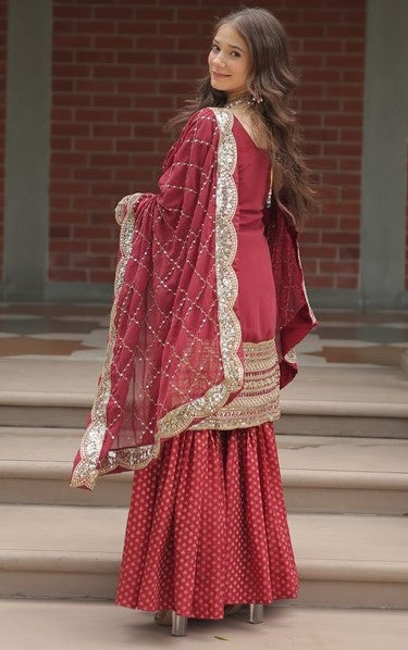 Dazzling Maroon Color Georgette Fabric Sharara Suit