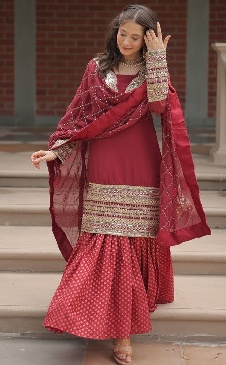 Dazzling Maroon Color Georgette Fabric Sharara Suit