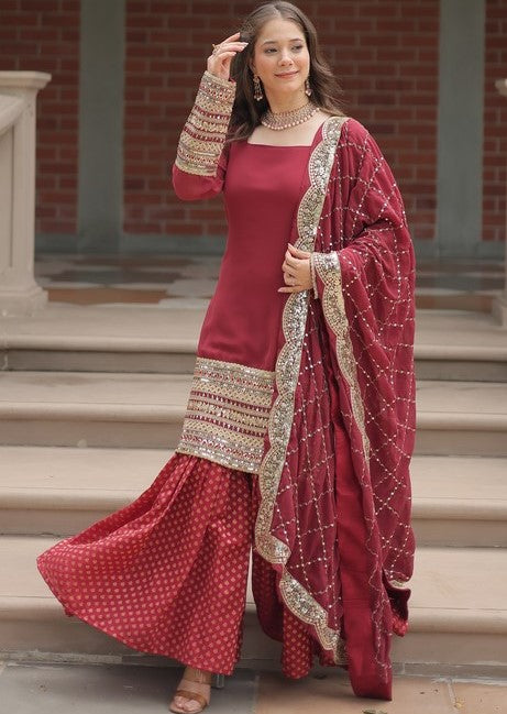 Dazzling Maroon Color Georgette Fabric Sharara Suit