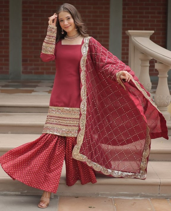 Dazzling Maroon Color Georgette Fabric Sharara Suit