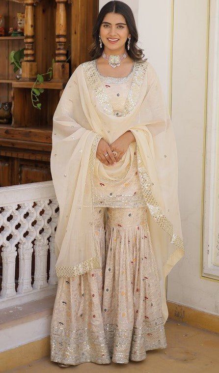 Superb Cream Color Viscose Fabric Sharara Suit