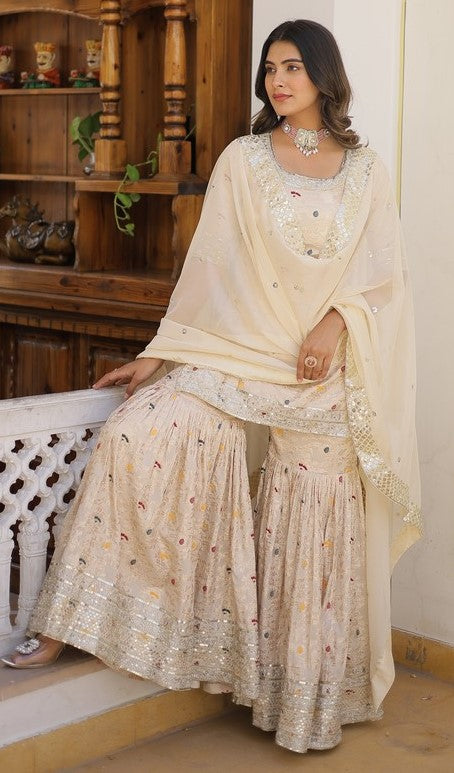 Superb Cream Color Viscose Fabric Sharara Suit