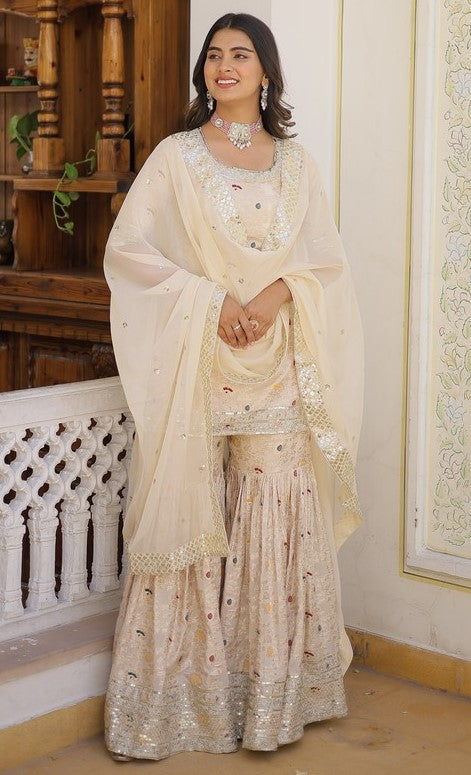 Superb Cream Color Viscose Fabric Sharara Suit