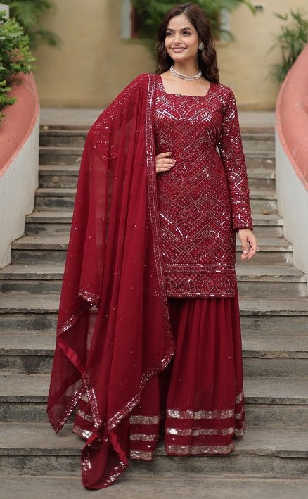 Amazing Maroon Color Georgette Fabric Sharara Suit