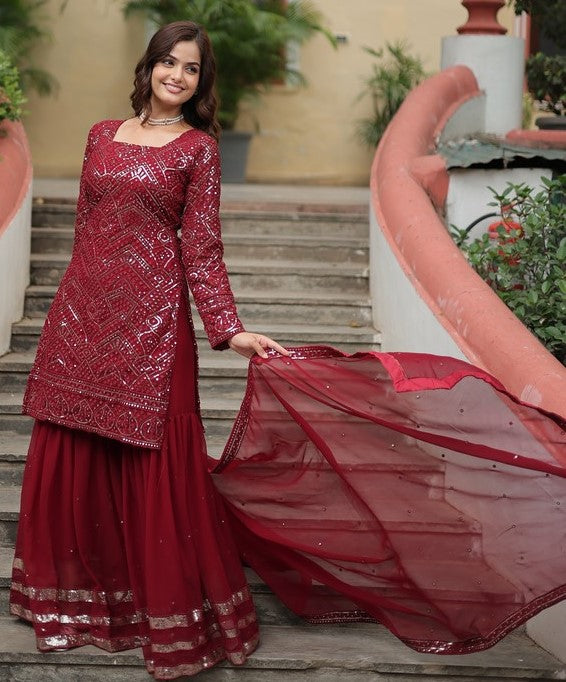 Amazing Maroon Color Georgette Fabric Sharara Suit