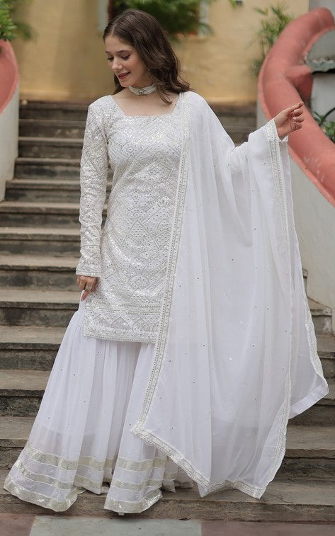 Amazing White Color Georgette Fabric Sharara Suit