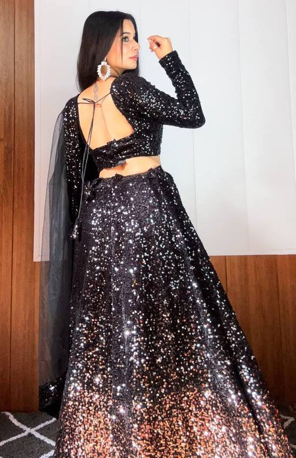 Magnetic Black Color Velvet Fabric Party Wear Lehenga