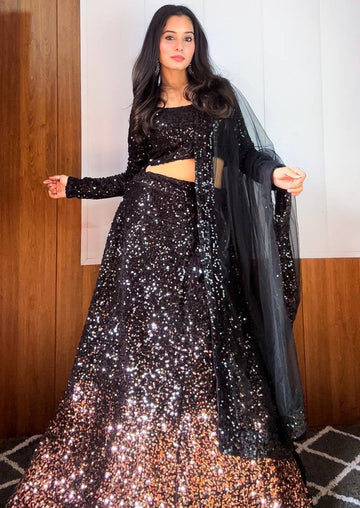 Magnetic Black Color Velvet Fabric Party Wear Lehenga