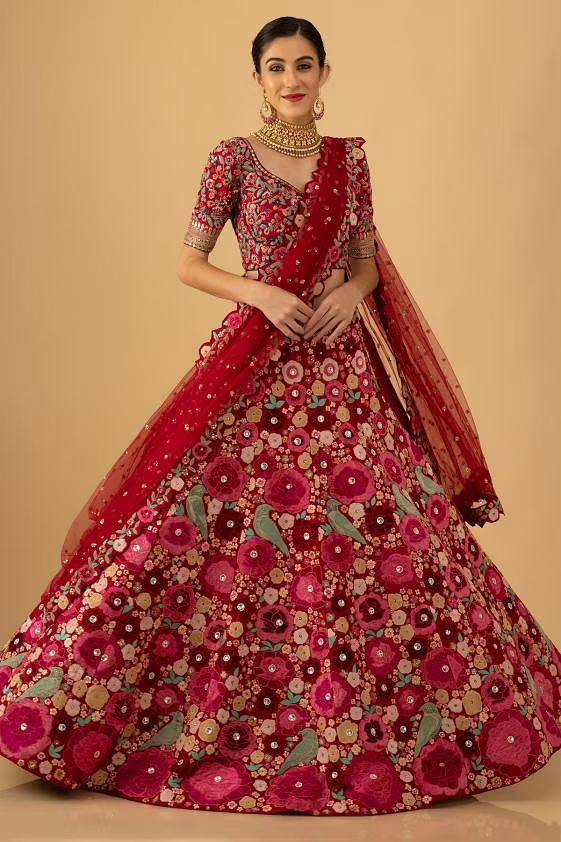 Magnetic Red Color Velvet Fabric Party Wear Lehenga