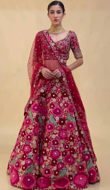 Magnetic Red Color Velvet Fabric Party Wear Lehenga