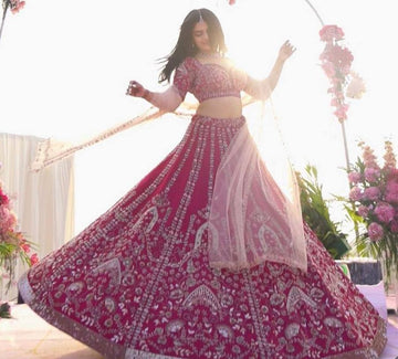 Magnetic Magenta Color Silk Fabric Party Wear Lehenga