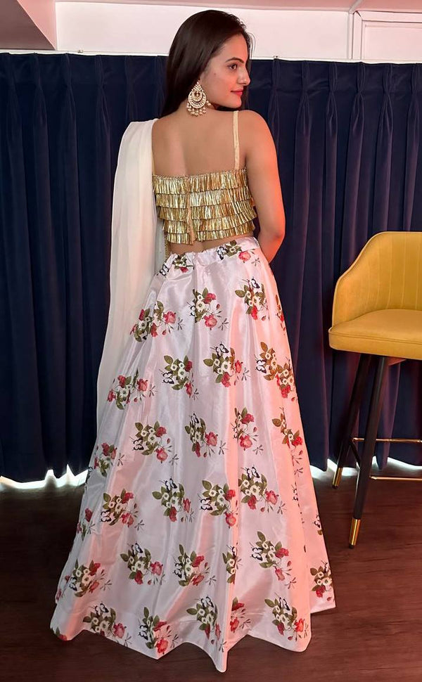 Magnetic White Color Silk Fabric Party Wear Lehenga